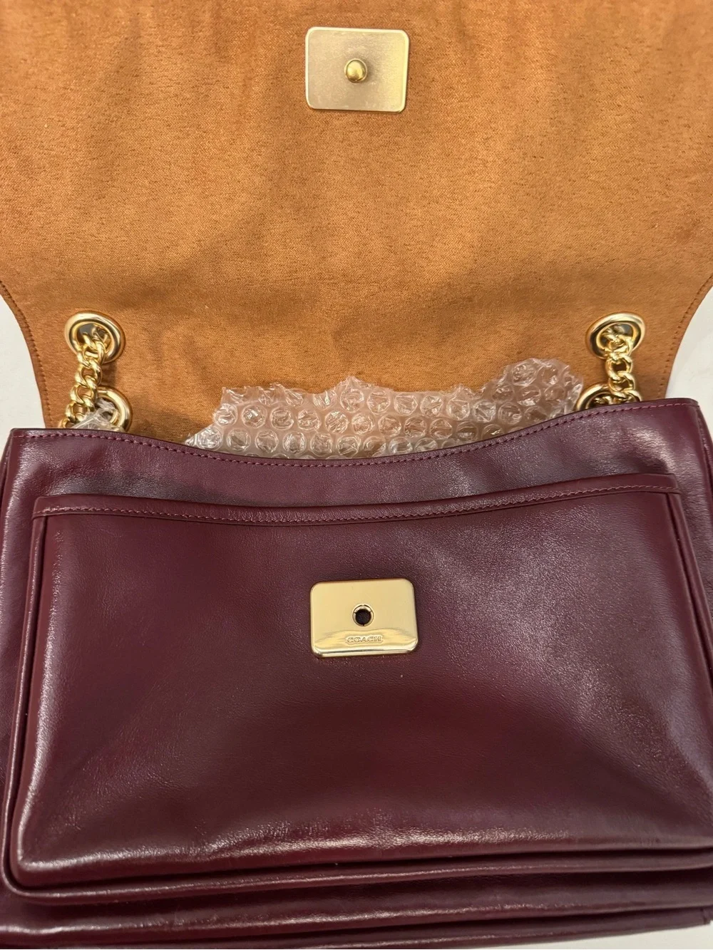 Coach Leather Shoulder Bag in Wine with Gold Chain